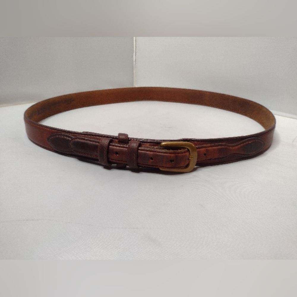 LL Bean Women's Western Leather Belt Brown 30 Brass Buckle Cowboy AA